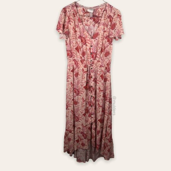 Knox Rose Short Sleeve Long Pink & Red Floral Button Front Prairie Boho Dress - Picture 1 of 9